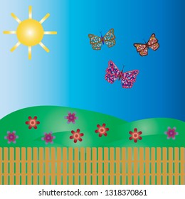 vector illustration with butterflies, sun,flowers,meadow and fence