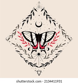 Vector illustration with butterfly. Abstract mystic sign. Black linear shape. For you design, tattoo or magic craft.