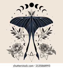 Vector illustration with butterfly. Abstract mystic sign. Black linear shape. For you design, tattoo or magic craft.