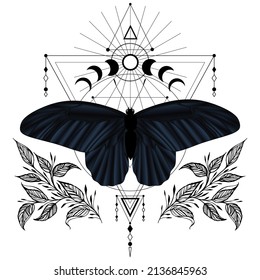 Vector illustration with butterfly. Abstract mystic sign. Black linear shape. For you design, tattoo or magic craft.