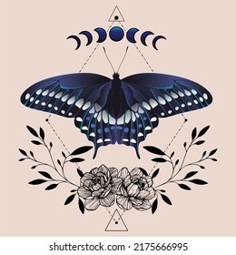 Vector illustration with butterfly. Abstract mystic sign. Black linear shape. For you design, tattoo or magic craft.