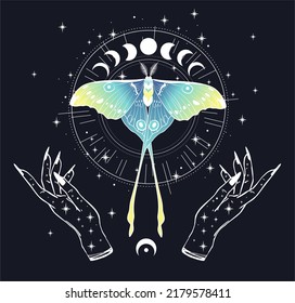 Vector illustration with butterfly. Abstract mystic sign. For you design, tattoo or magic craft.