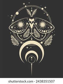 Vector illustration with butterfly. Abstract mystic sign. Black linear shape. For you design, tattoo or magic craft.