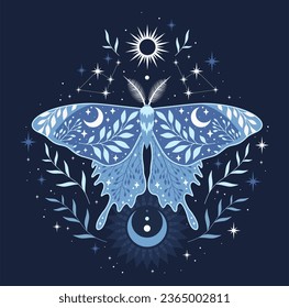 Vector illustration with butterfly and astrology elements. Boho art print. Magic poster.