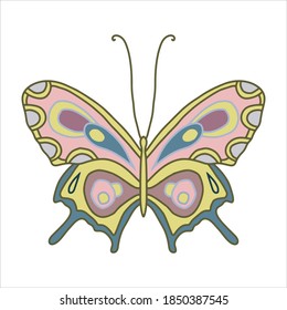 Vector illustration of a butterfly in beautiful green and purple colors. An insect with large wings and small patterns for coloring. All lines and colors are separate, the covers are coloring pages