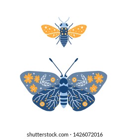 Vector illustration  with butterfly  and bee. Folk art ornament. Scandinavian design, floral composition.  Swedish and Norwegian motives