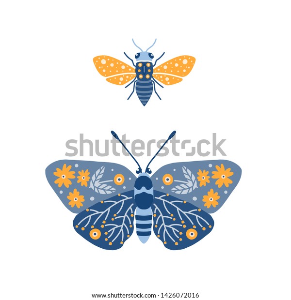 蝶と蜂のベクターイラスト 民芸品の飾り 北欧のデザイン 花柄 スウェーデンとノルウェーの動機 のベクター画像素材 ロイヤリティフリー