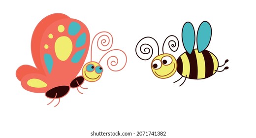 
Vector illustration. Butterfly, bee. White background.
