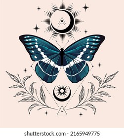 Vector illustration with butterfly and crescent. Boho art print. Modern poster.