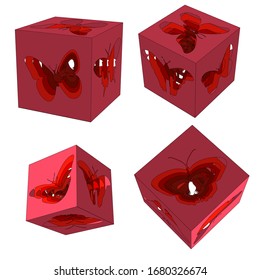 Vector illustration of a butterfly in a cube on a white background. Bright isometric illustrations.