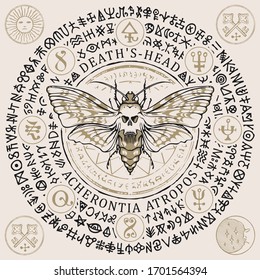 Vector illustration with a butterfly Dead head with skull-shaped pattern on the thorax in retro style. Hand-drawn banner with magical symbols, occult signs and runes written in a circle