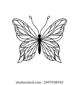 Vector illustration of a butterfly with detailed, intricate wings. The black and white design highlights the elegance and symmetry of the butterfly. This design is for tattoos, jewelry and accessories