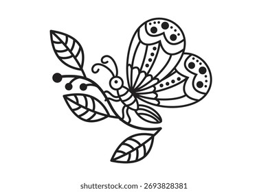 Vector illustration of a butterfly with floral elements in black and white outline style.