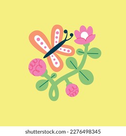 Vector illustration with a butterfly and a flower isolated on the background. Vector beautiful print in flat style.