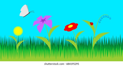 Vector illustration with butterfly flowers grass ladybug summer floral design