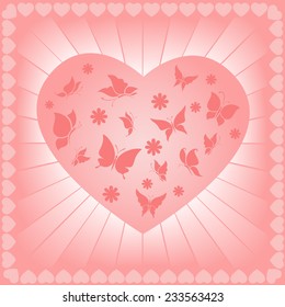 Vector illustration of the butterfly and flowers in heart shape.