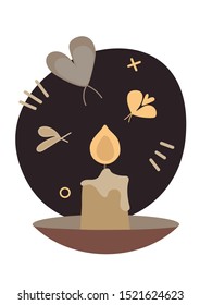 Vector illustration of a butterfly flying into the light from a candle. Greeting card, poster, banner, design element.