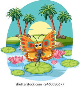 Vector illustration of a butterfly girl among lilies