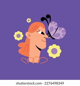 Vector illustration with a butterfly and a girl isolated on the background. Vector illustration in a flat style.