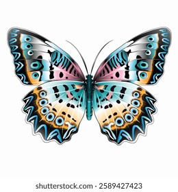 A vector illustration of a butterfly with intricate patterns and a mix of vibrant colors, including blue, pink, black, and beige.The symmetrical wing design features eye-like markings.on white bg. 