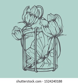 Vector illustration with butterfly, lamp and flowers on mint background. Monochrome design. 