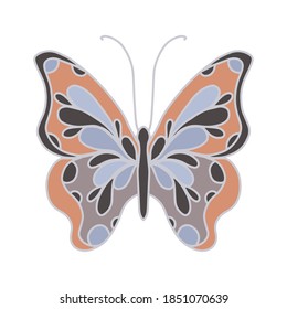 Vector illustration of a butterfly with large curls. Decorative patterns on the wings, with lines and color. Red, blue, black stylized decor elements. Decoration of dishes, textiles, paper.