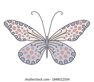 Vector illustration of a butterfly line art with blue wings and specks. Delicate drawing of an insect with beautiful wings. Logo of bed linen, fabric store, symbol of lightness and freedom. Isolated