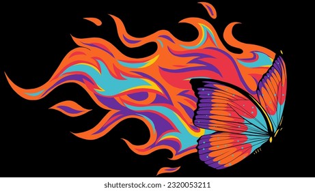 vector Illustration of a butterfly made of fire on black background