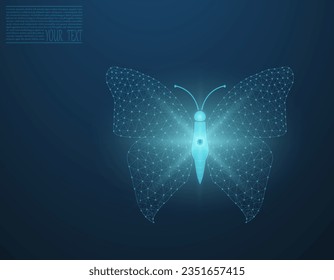 Vector illustration of a butterfly made of mesh, on a dark blue background. Butterfly from the mesh in the light.