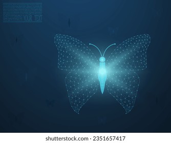 Vector illustration of a butterfly made of mesh, on a dark blue background. Butterfly from the mesh in the light.