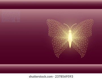 Vector illustration of a butterfly made of mesh, on a burgundy background. Butterfly from the mesh in the light.