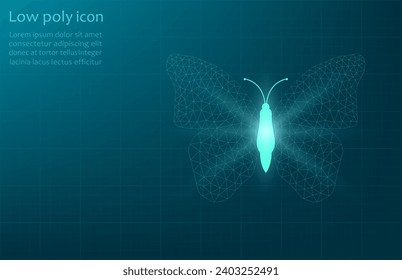 Vector illustration of a butterfly made of mesh, on a dark blue background. Butterfly from the mesh in the light.