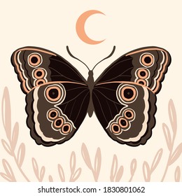 Vector illustration with butterfly and moon. Boho art print. Modern poster.