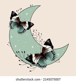 Vector Illustration With Butterfly And Moon. Boho Art Print. Modern Poster.