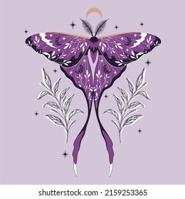 Vector illustration with butterfly and moon. Boho art print. Modern poster.