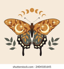 Vector illustration with butterfly and moon phases. Boho art print. Modern poster.