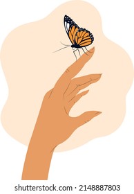 Vector illustration. Butterfly on a hand. Hand. Monarch butterfly. 