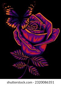 vector illustration of butterfly on red rose on black background