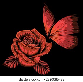 vector illustration of butterfly on rose isolated on black background