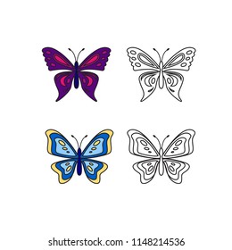 vector illustration butterfly, outline design and color set