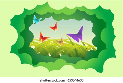 vector illustration of butterfly paper art style. beautiful grass and background paper art. hello summer. decorative concept