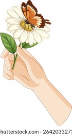 Vector illustration of a butterfly perched on a daisy held by a hand, showcasing delicate details and soft colors