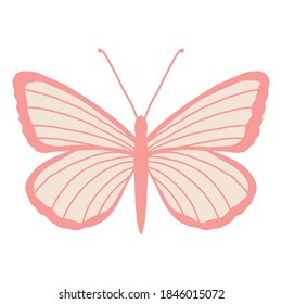 Vector illustration of a butterfly with pink wings and stripes. Delicate insect on a white background. Valentine s day greeting card design template, logo for beauty studio or female barber salon.