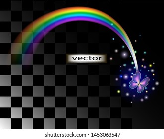 Vector illustration of a butterfly and a rainbow create a rainbow of light magic, fairy tale