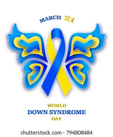 Vector illustration of butterfly with ribbon for World Down Syndrome Day on white backgroind