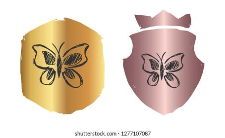 Vector Illustration of Butterfly with Rose Gold and Gold Banner or Background. Graphic Design for Logo and T-shirt. 