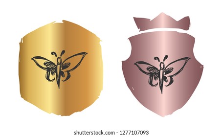 Vector Illustration of Butterfly with Rose Gold and Gold Banner or Background. Graphic Design for Logo and T-shirt. 