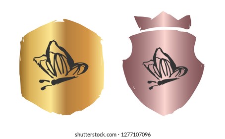 Vector Illustration of Butterfly with Rose Gold and Gold Banner or Background. Graphic Design for Logo and T-shirt. 