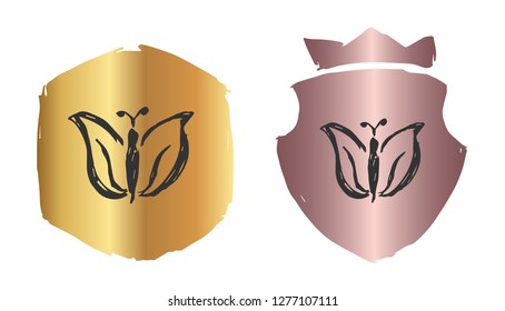 Vector Illustration of Butterfly with Rose Gold and Gold Banner or Background. Graphic Design for Logo and T-shirt. 