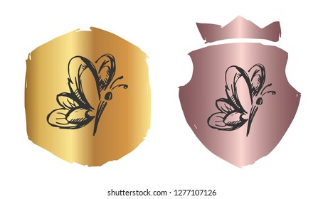 Vector Illustration of Butterfly with Rose Gold and Gold Banner or Background. Graphic Design for Logo and T-shirt. 
